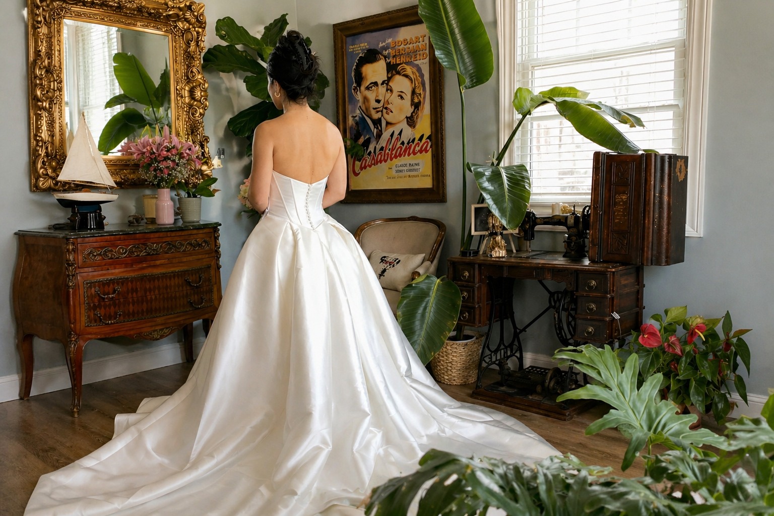 Bridal seamstress working on gown