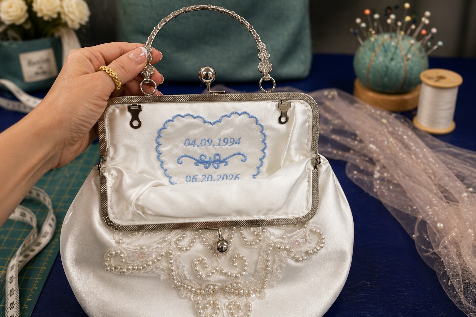 Delicate lace repair and gown restoration details